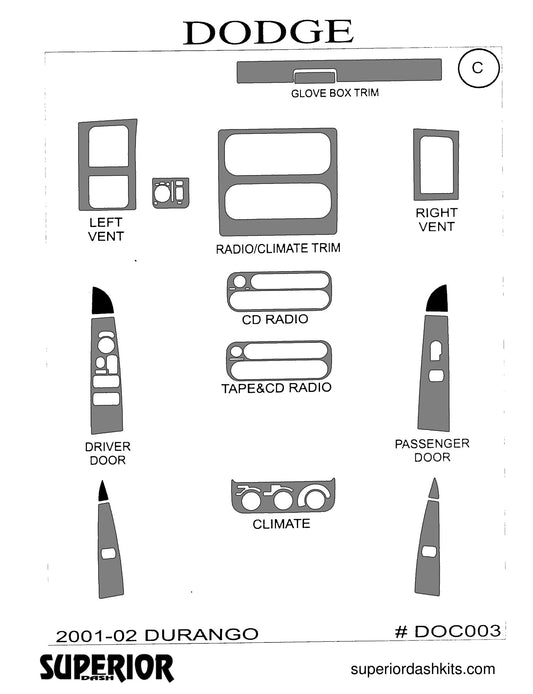 Shadow sheet for Superior Dash kit DOC003, 2001-2003 Dodge Durango