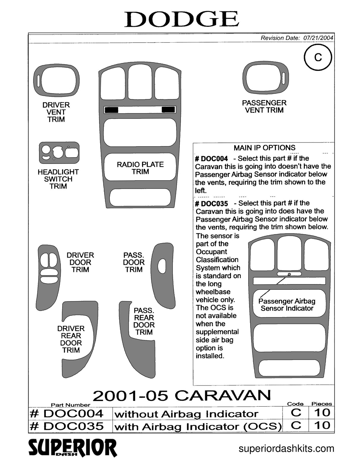 Shadow sheet for Superior Dash kit DOC004 / DOC035, 2001-2005 Dodge Caravan