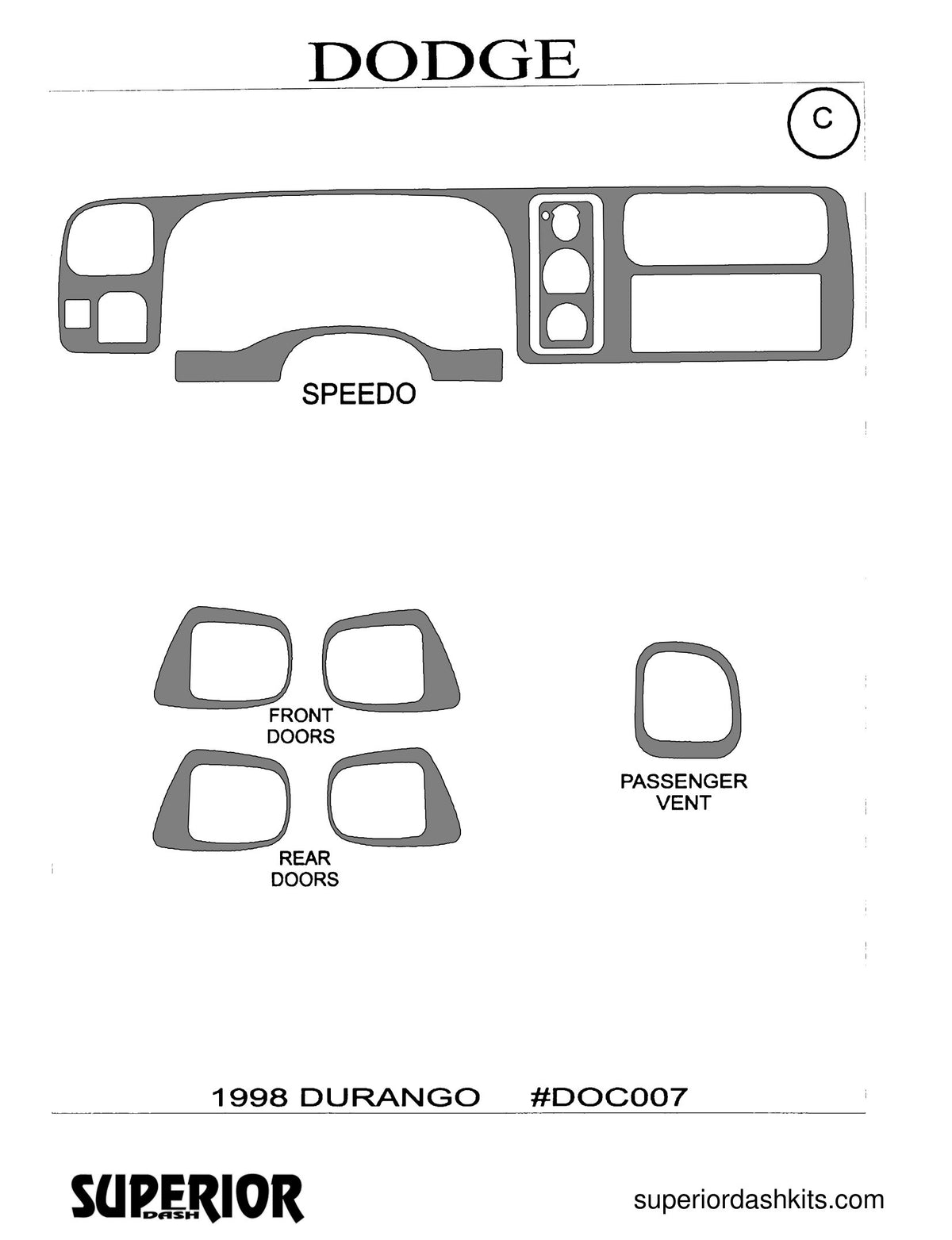 Shadow sheet for Superior Dash kit DOC007, 1997-1998 Dodge Durango