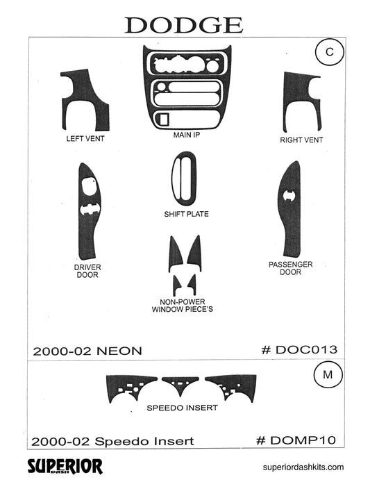 Shadow sheet for Superior Dash kit DOC013, 2000-2003 Dodge Neon and 2000-2001 Plymouth Neon