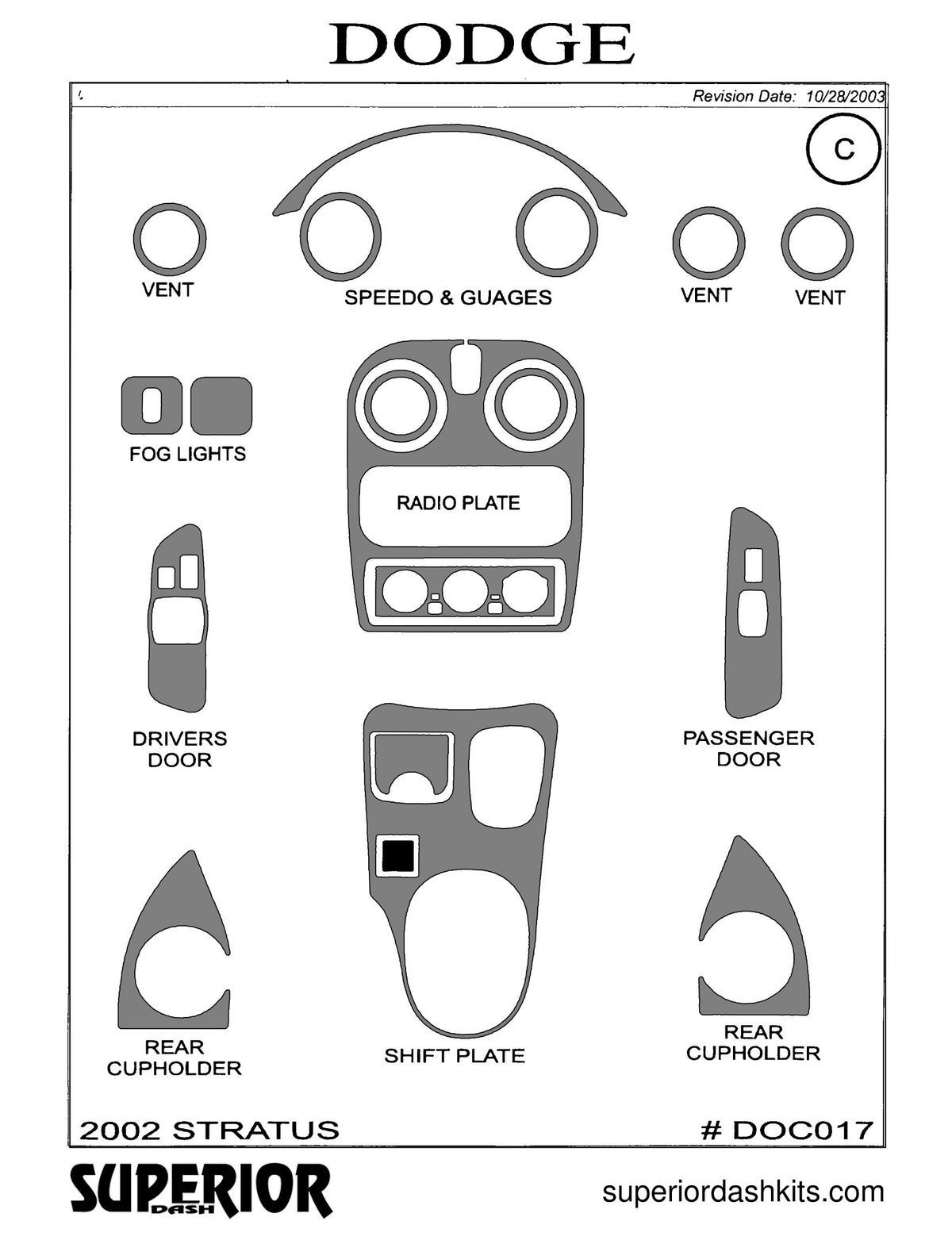Shadow sheet for Superior Dash kit DOC017, 2002 Dodge Stratus and Chrysler Sebring