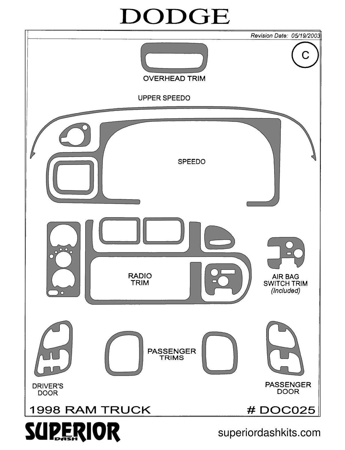 Shadow sheet for Superior Dash kit DOC025, 1998 Dodge Ram