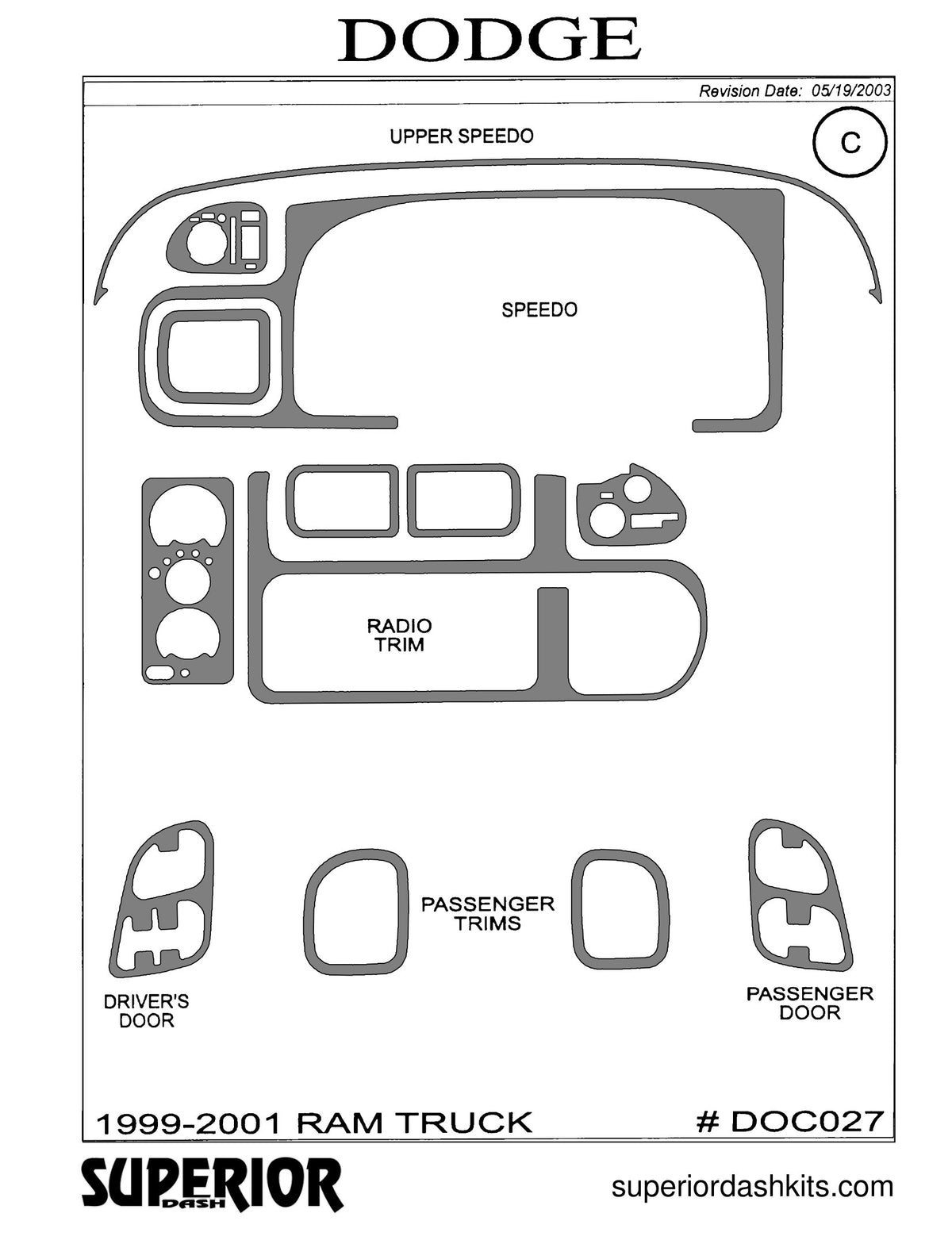 Shadow sheet for Superior Dash kit DOC027, 1999-2001 Dodge Ram