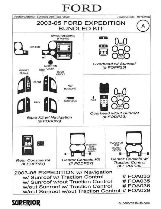 Shadow sheet for Superior Dash kit FOA033 / FOA035 / FOA036 / FOA029, 2003-2006 Ford Expedition
