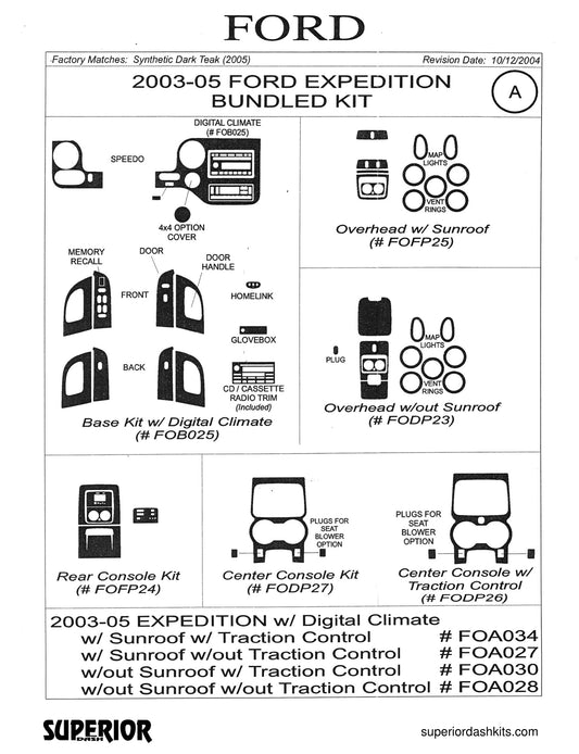 Shadow sheet for Superior Dash kit FOA034 / FOA027 / FOA030 / FOA028, 2003-2006 Ford Expedition