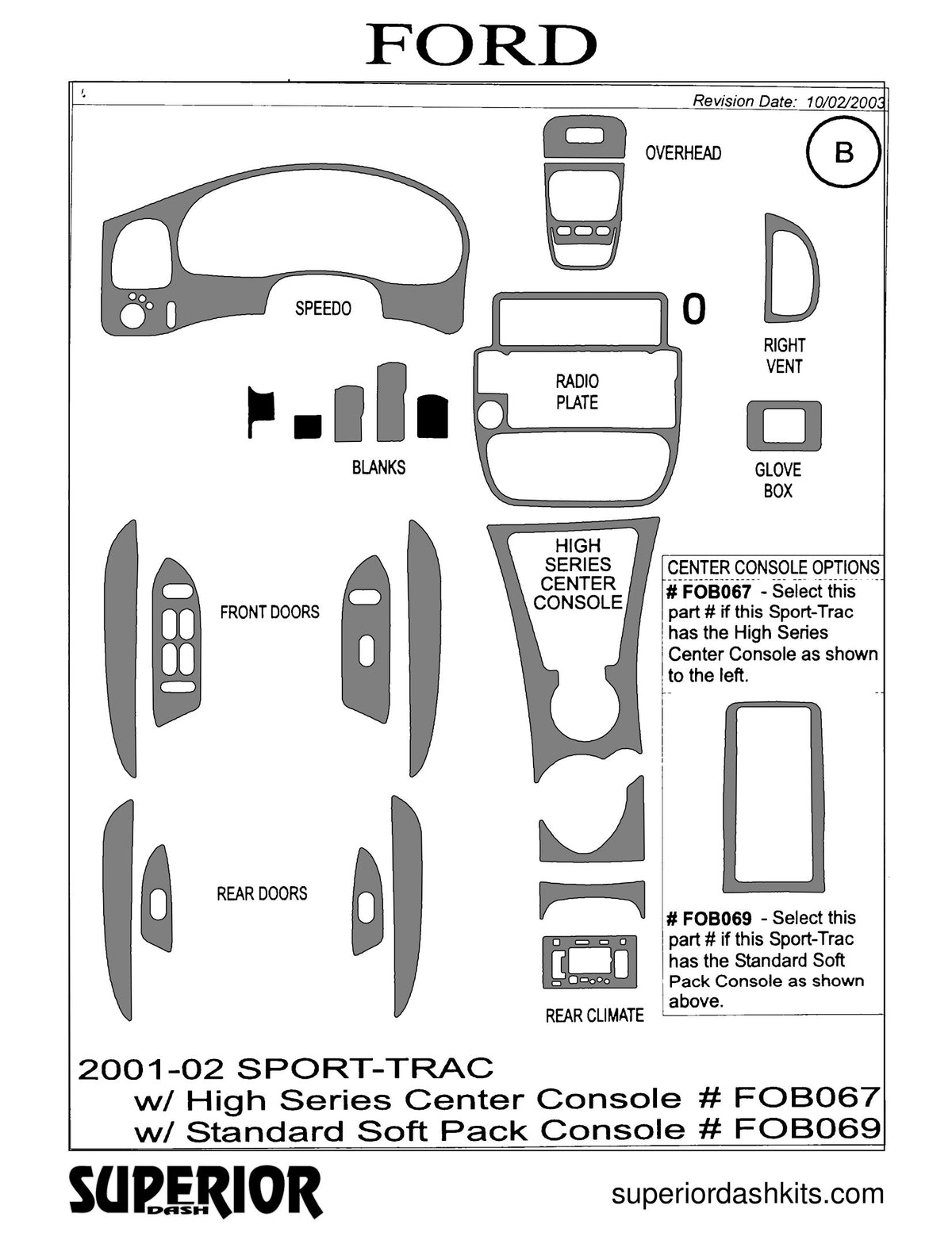 Shadow sheet for Superior Dash kit FOB067 / FOB069, 2001-2002 Ford Explorer Sport Trac