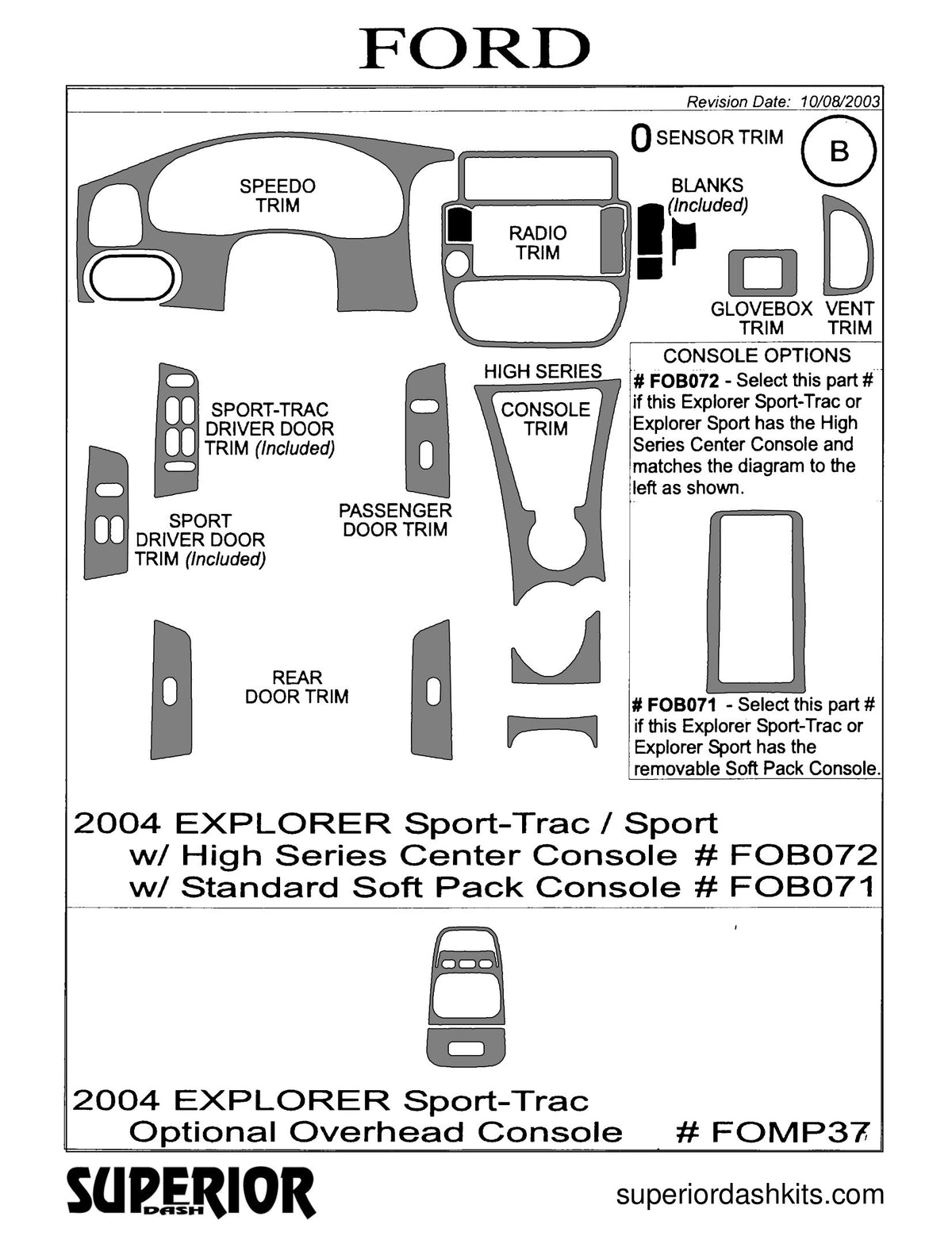Shadow sheet for Superior Dash kit FOB072 / FOB071, 2004-2005 Ford Explorer Sport and Explorer Sport-Trac / Sport; 2004-2006 Ford Explorer Sport Trac and Explorer Sport-Trac