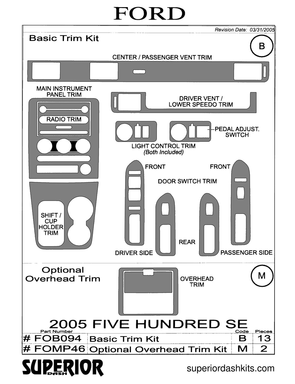 Shadow sheet for Superior Dash kit FOB094, 2005-2007 Ford Five Hundred