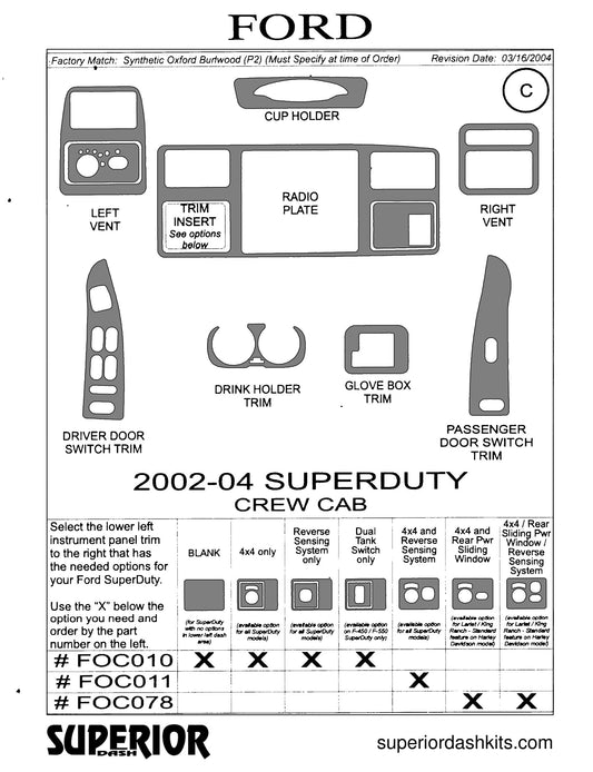 Shadow sheet for Superior Dash kit FOC010 / FOC011 / FOC078, 2002-2004 Ford F-Series Super Duty