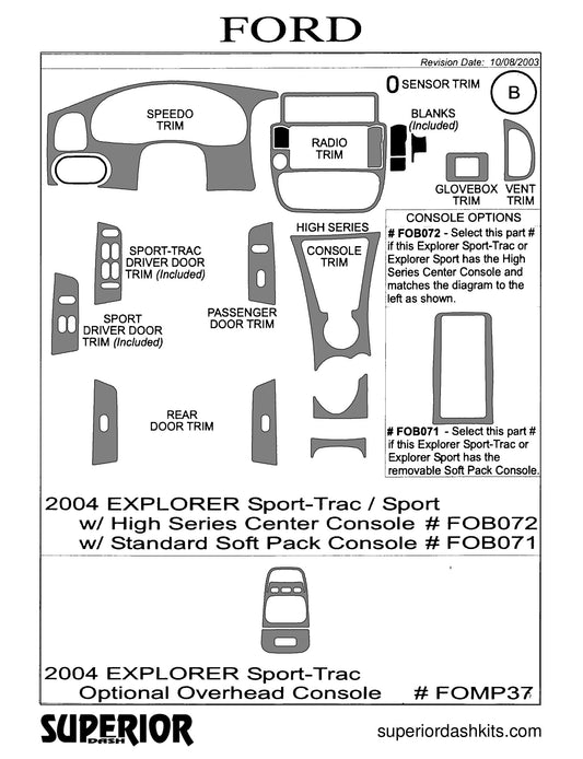 Shadow sheet for Superior Dash kit FOMP37, 2004-2006 Ford Explorer Sport-Trac and 2004-2005 Ford Explorer Sport-Trac
