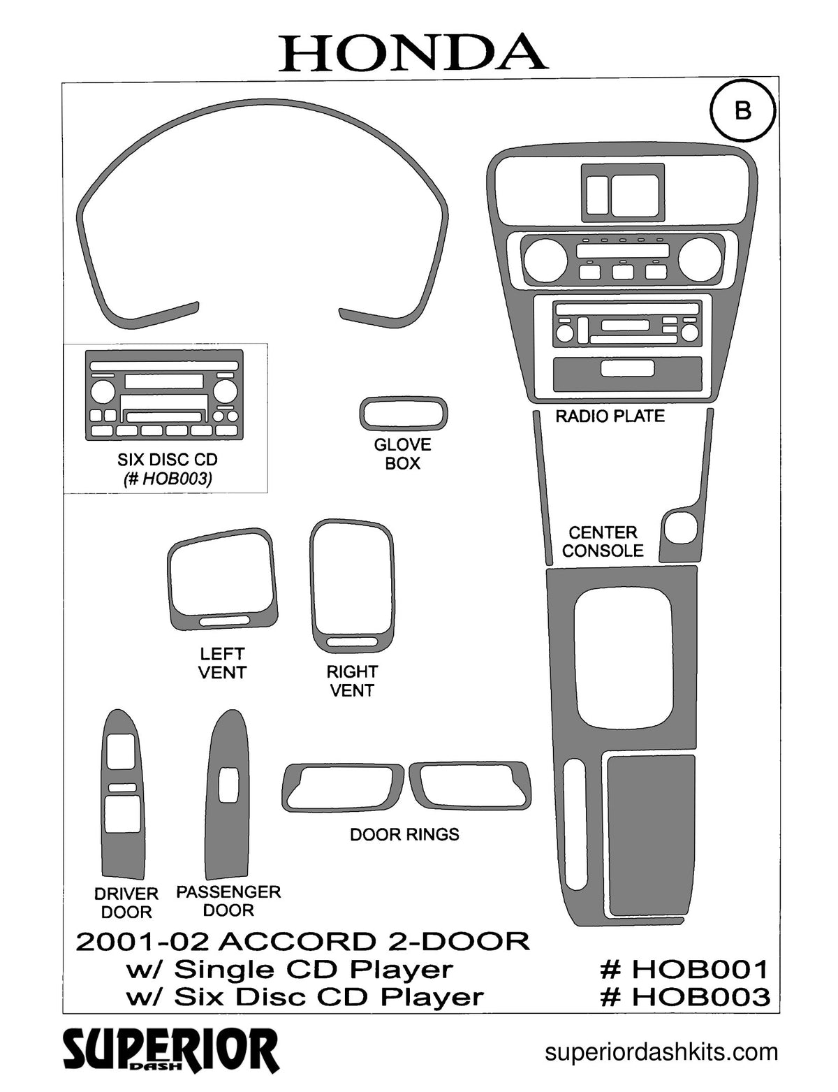 Shadow sheet for Superior Dash kit HOB001 / HOB003, 2001-2002 Honda Accord