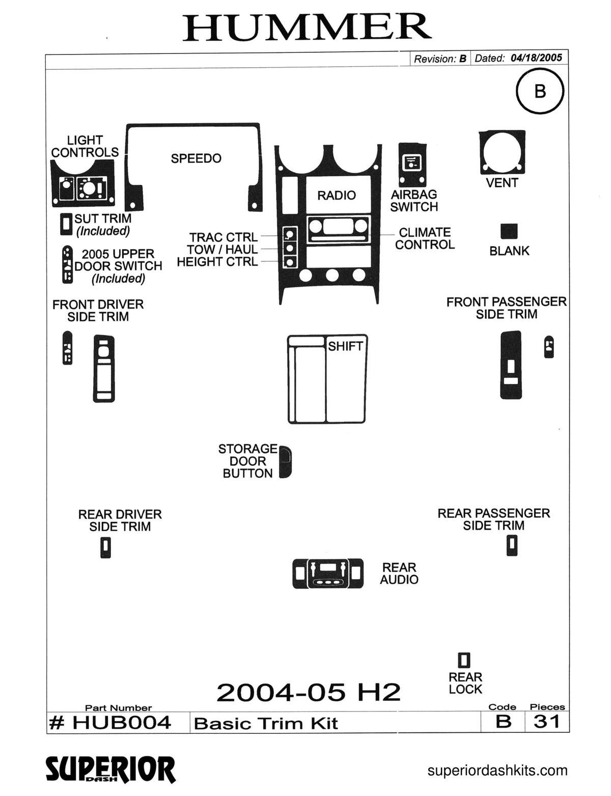 Shadow sheet for Superior Dash kit HUB004, 2004-2007 Hummer H2