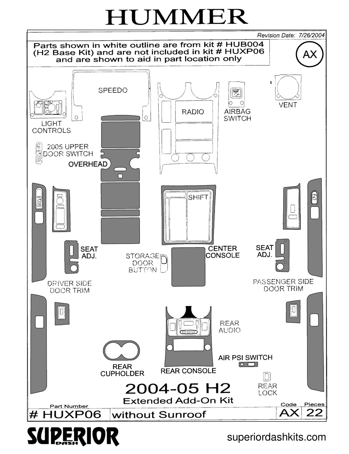 Shadow sheet for Superior Dash kit HUXP06, 2004-2007 Hummer H2