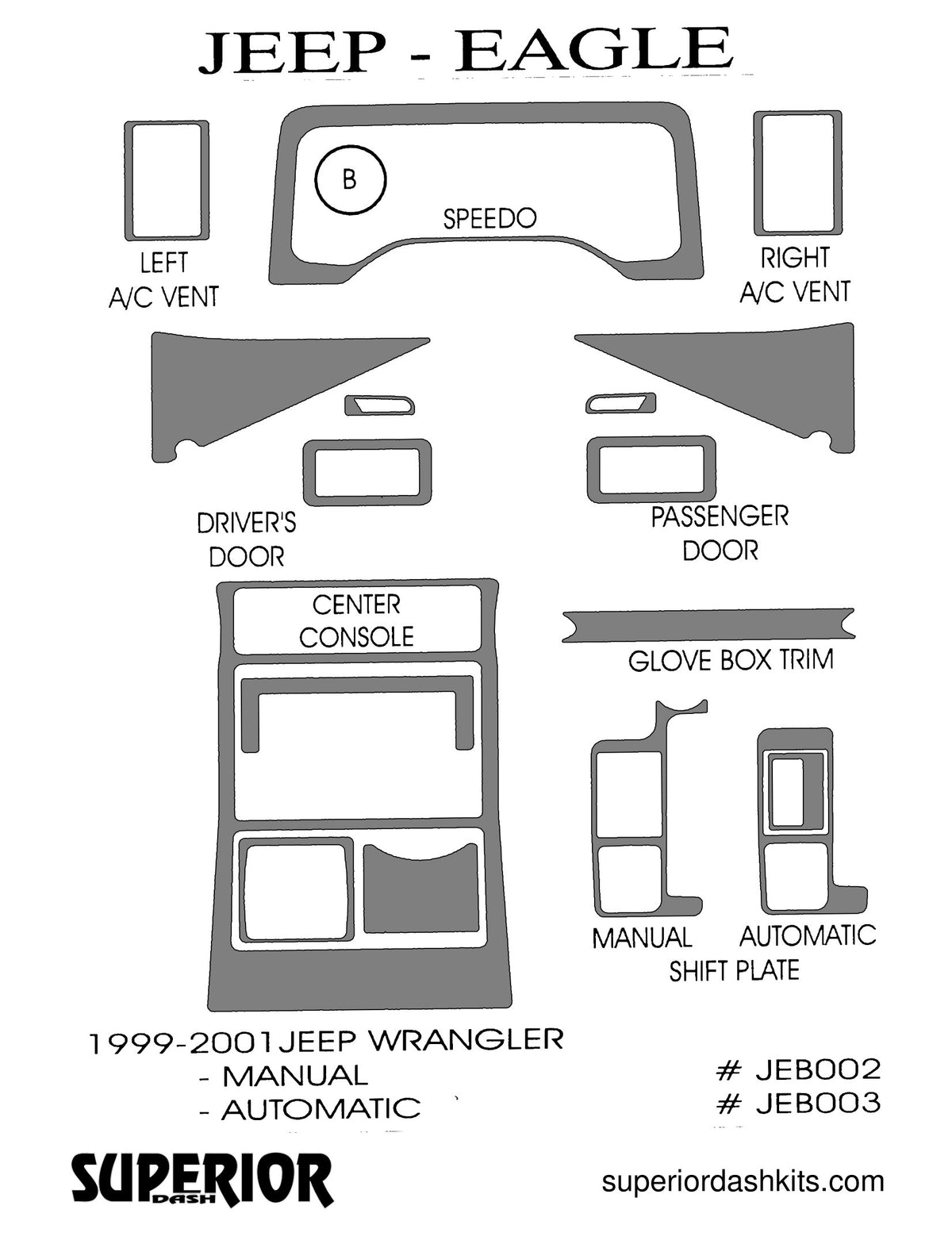 Shadow sheet for Superior Dash kit JEB003 / JEB002, 1999-2002 Jeep Wrangler