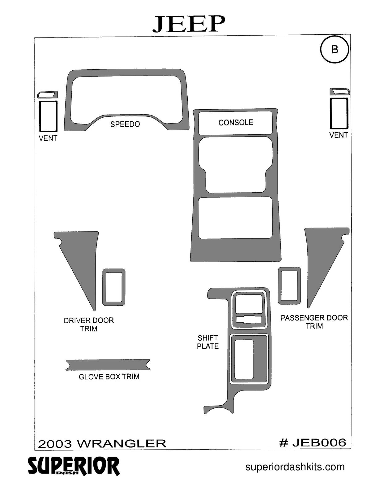 Shadow sheet for Superior Dash kit JEB006, 2003-2004 Jeep Wrangler