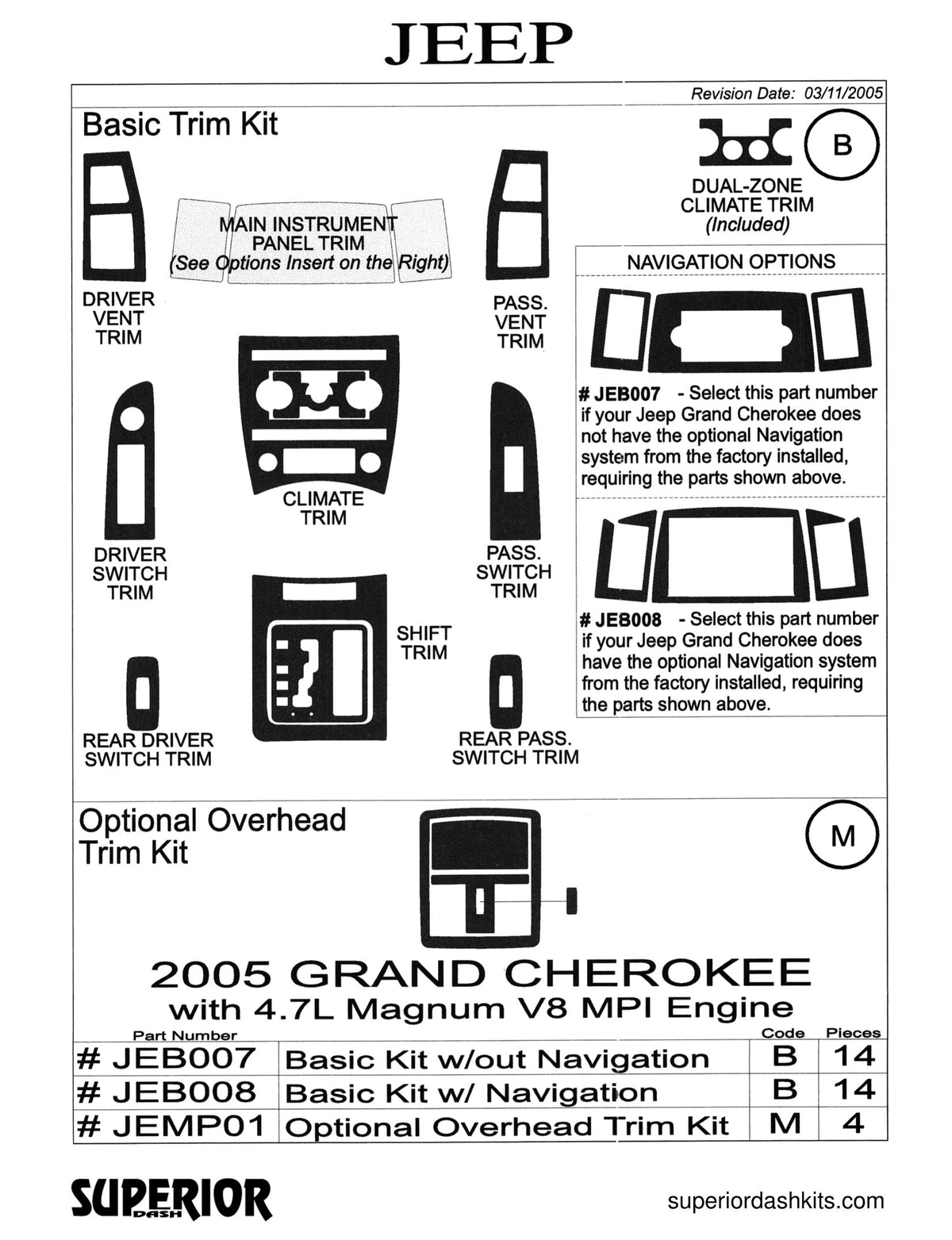 Shadow sheet for Superior Dash kit JEB007 / JEB008, 2005-2007 Jeep Grand Cherokee