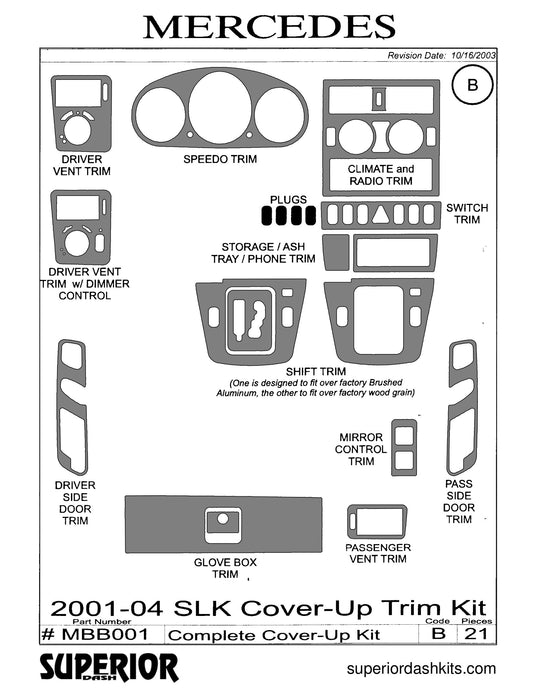 Shadow sheet for Superior Dash kit MBB001, 2001-2004 Mercedes SLK
