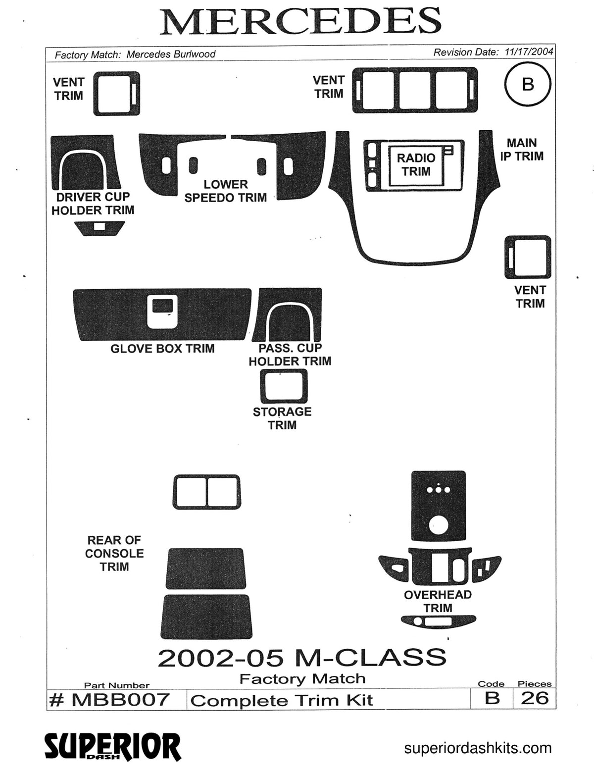 Shadow sheet for Superior Dash kit MBB007, 2002-2005 Mercedes M-Class