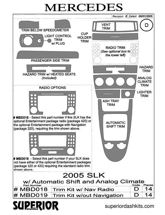Shadow sheet for Superior Dash kit MBD019 / MBD018, 2005-2008 Mercedes SLK