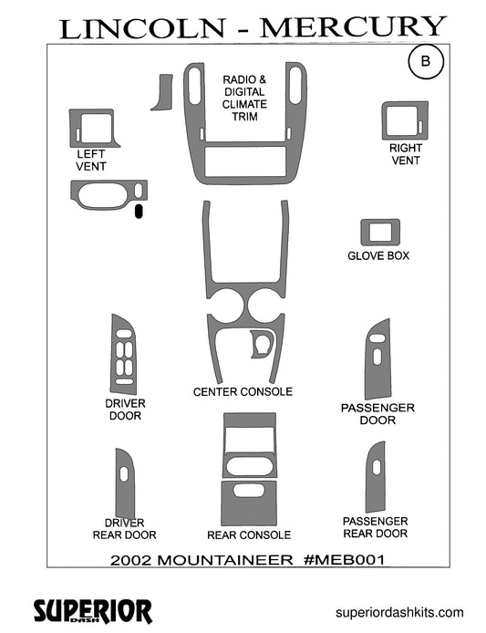 Shadow sheet for Superior Dash kit MEB001, 2002-2005 Mercury Mountaineer