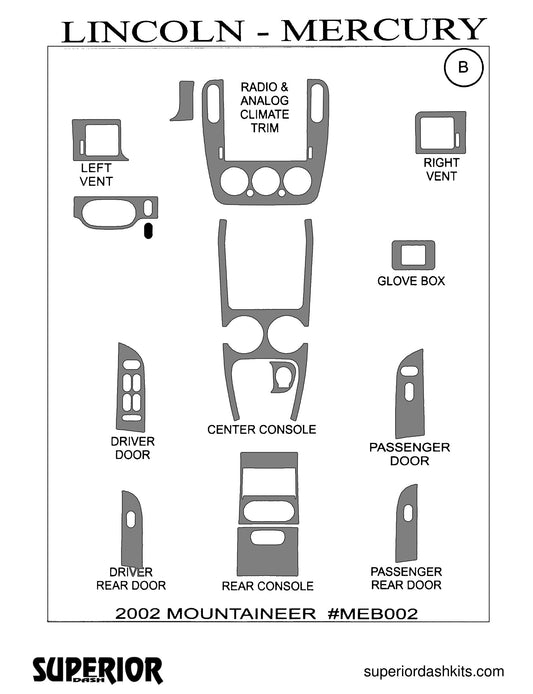Shadow sheet for Superior Dash kit MEB002, 2002-2005 Mercury Mountaineer