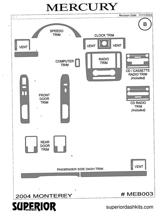Shadow sheet for Superior Dash kit MEB003, 2004-2005 Mercury Monterey