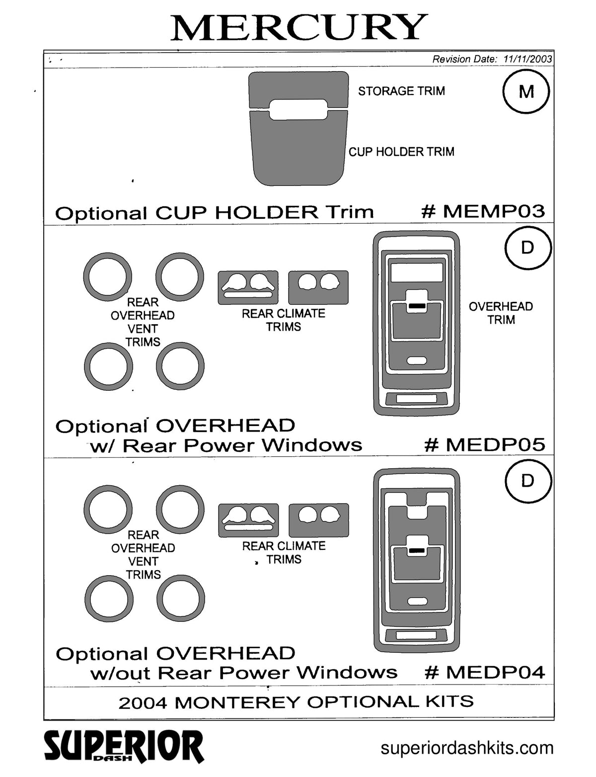 Shadow sheet for Superior Dash kit MEDP05 / MEDP04, 2004-2005 Mercury Monterey and 2004-2006 Ford Freestar (sheet 2)