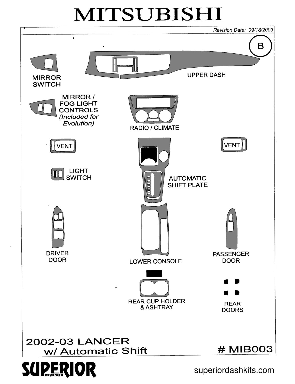Shadow sheet for Superior Dash kit MIB003, 2002-2007 Mitsubishi Lancer