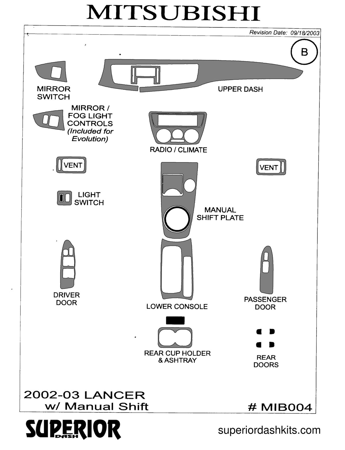Shadow sheet for Superior Dash kit MIB004, 2002-2007 Mitsubishi Lancer