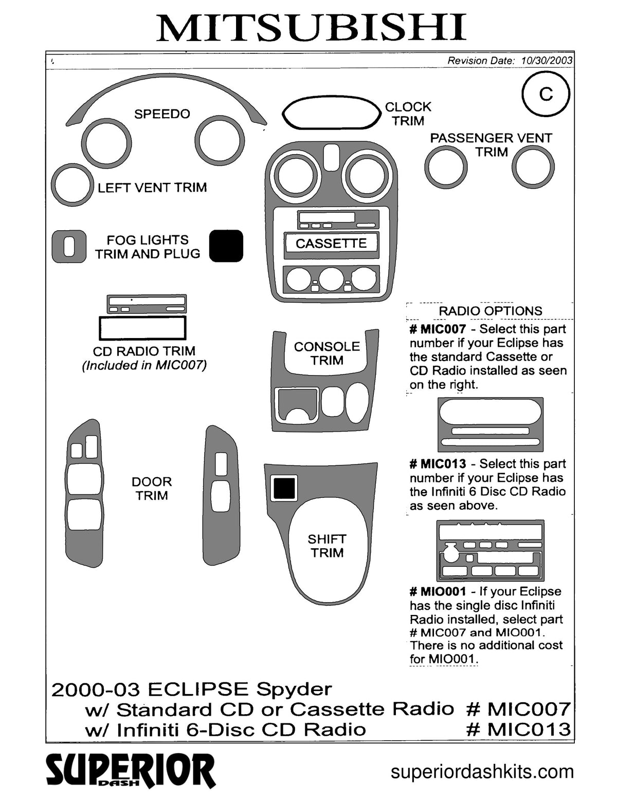 Shadow sheet for Superior Dash kit MIC007 / MIC013, 2000-2005 Mitsubishi Eclipse Spyder