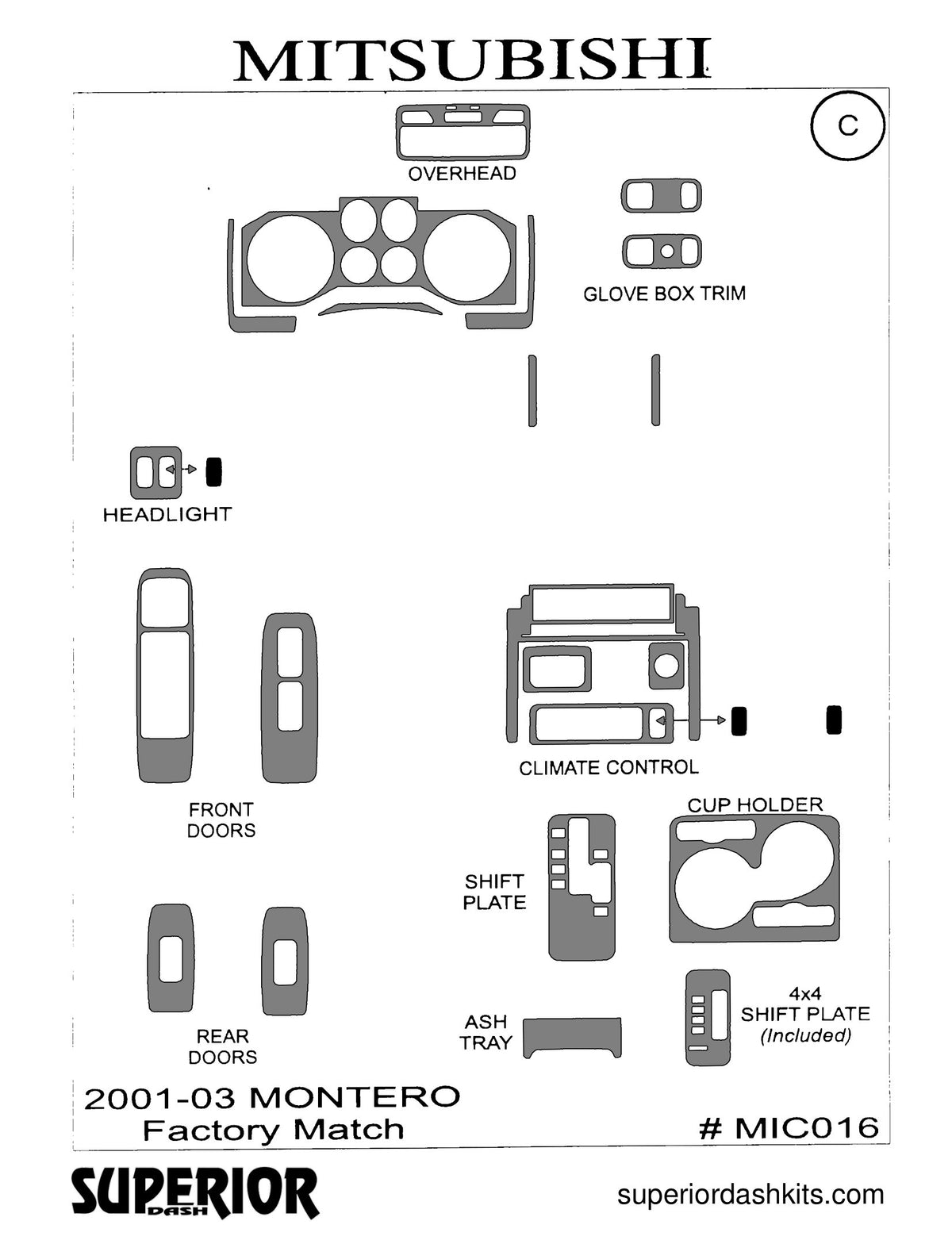 Shadow sheet for Superior Dash kit MIC016, 2001-2004 Mitsubishi Montero