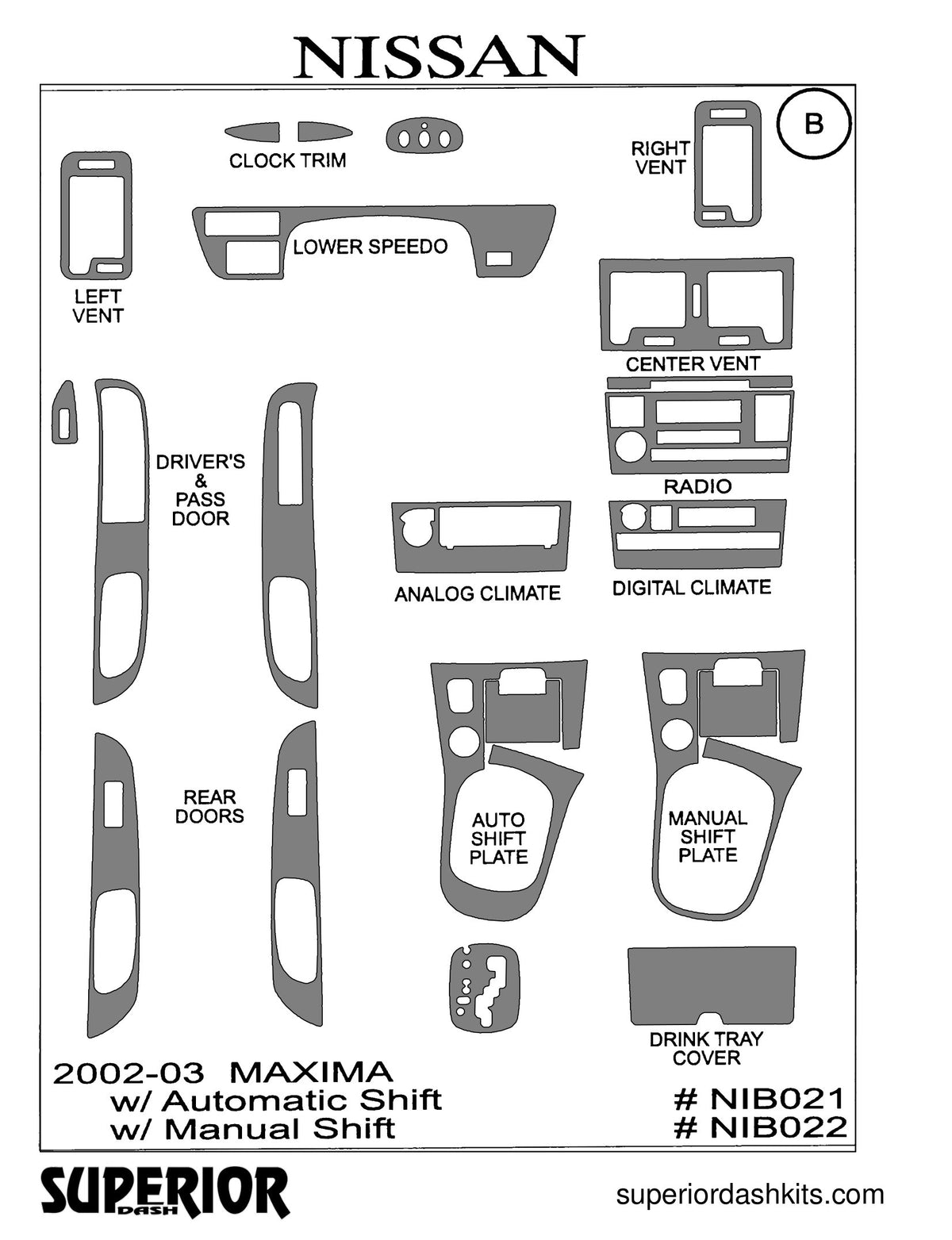 Shadow sheet for Superior Dash kit NIB021 / NIB022, 2002-2003 Nissan Maxima