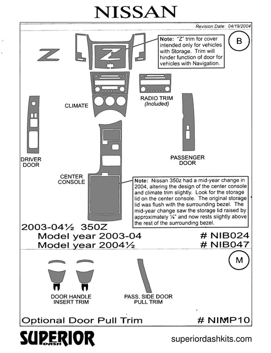 Shadow sheet for Superior Dash kit NIB024 / NIB047, 2003-2005 Nissan 350Z