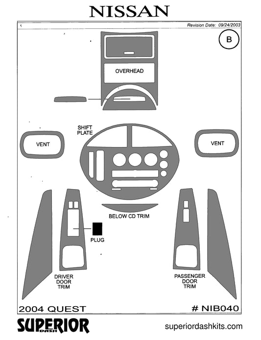 Shadow sheet for Superior Dash kit NIB040, 2004-2006 Nissan Quest