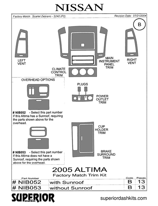 Shadow sheet for Superior Dash kit NIB052 / NIB053, 2005 Nissan Altima