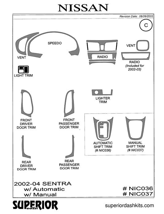 Shadow sheet for Superior Dash kit NIC036 / NIC037, 2002-2006 Nissan Sentra