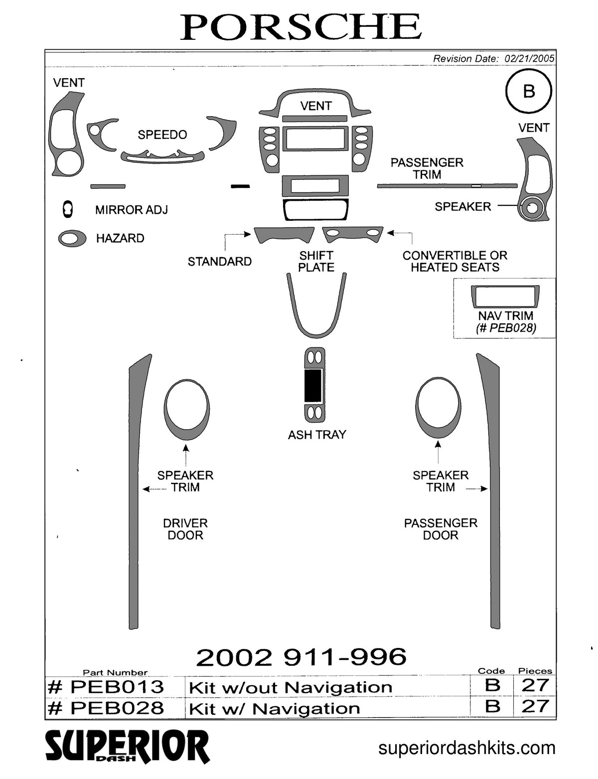 Shadow sheet for Superior Dash kit PEB013 / PEB028, 2002 Porsche 911 and 996