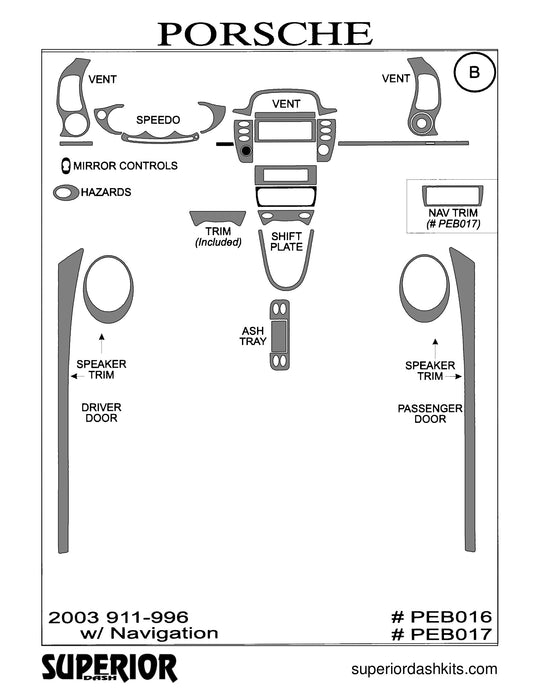 Shadow sheet for Superior Dash kit PEB016 / PEB017, 2003-2004 Porsche 911 and 996