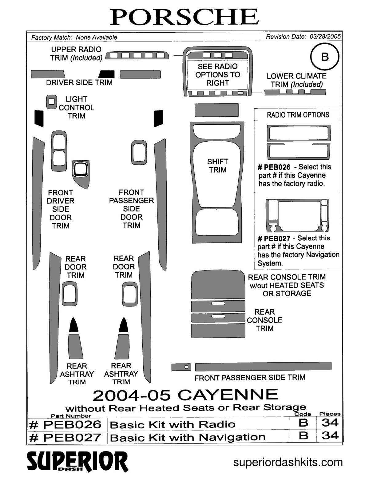 Shadow sheet for Superior Dash kit PEB026 / PEB027, 2003-2009 Porsche Cayenne